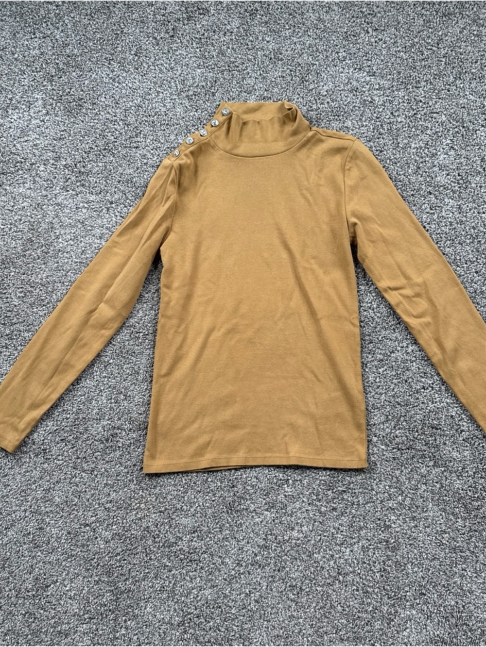 J. Crew Women’s Small Gem Button-Shoulder Mock Neck Top in Mustard/Tan EUC